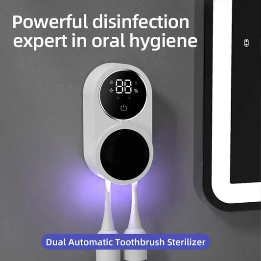 Wall-mounted dual automatic toothbrush sterilizer with LED display and UV light disinfection.