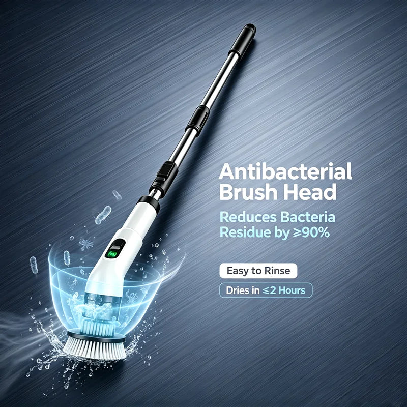 Electric spin scrubber with antibacterial brush head and extendable handle on a dark background.