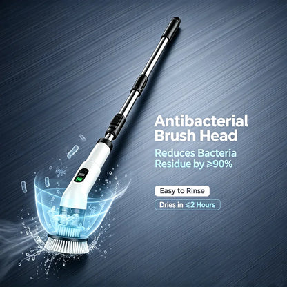 Electric spin scrubber with antibacterial brush head and extendable handle on a dark background.