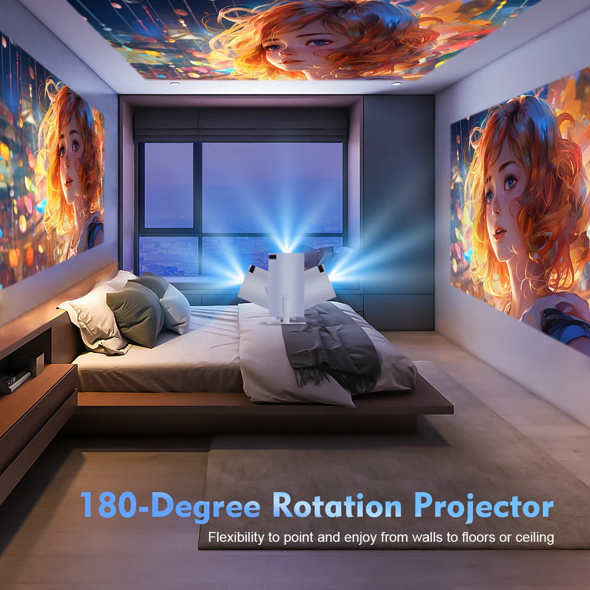 180-degree rotation projector displaying colorful anime art on bedroom walls and ceiling
