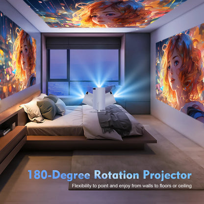180-degree rotation projector displaying colorful anime art on bedroom walls and ceiling