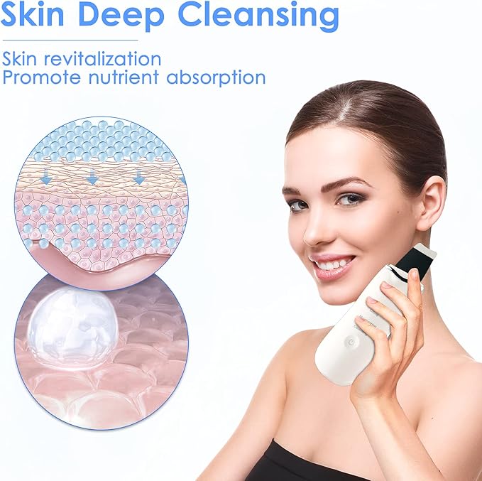 Woman using an ultrasonic skin scrubber for deep cleansing and skin revitalization.