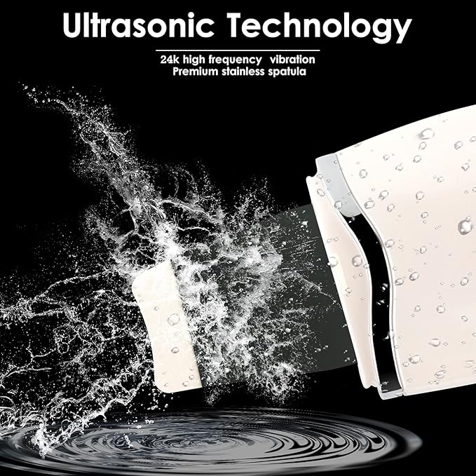 Ultrasonic skin scrubber with stainless spatula creating water splashes for deep cleaning.