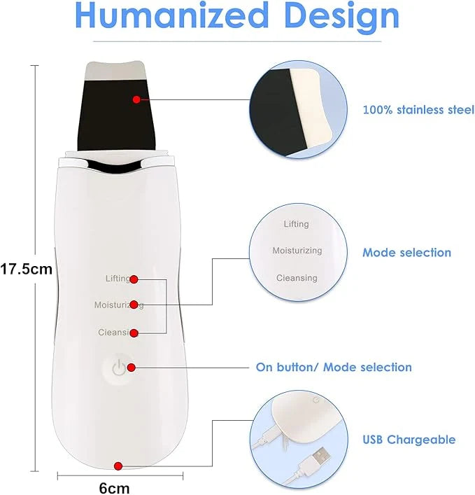 White ultrasonic skin scrubber with lifting, moisturizing, and cleansing mode selection.