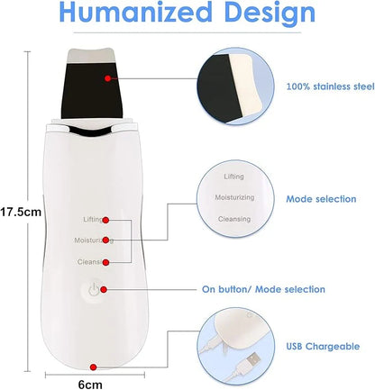 White ultrasonic skin scrubber with lifting, moisturizing, and cleansing mode selection.