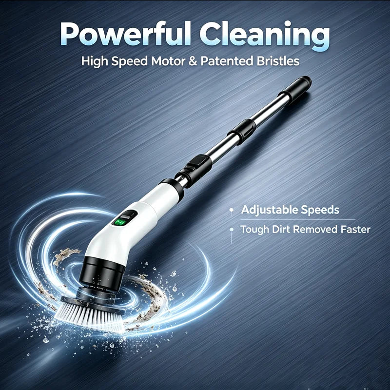 Electric spin scrubber for powerful cleaning with adjustable speeds and patented bristles.
