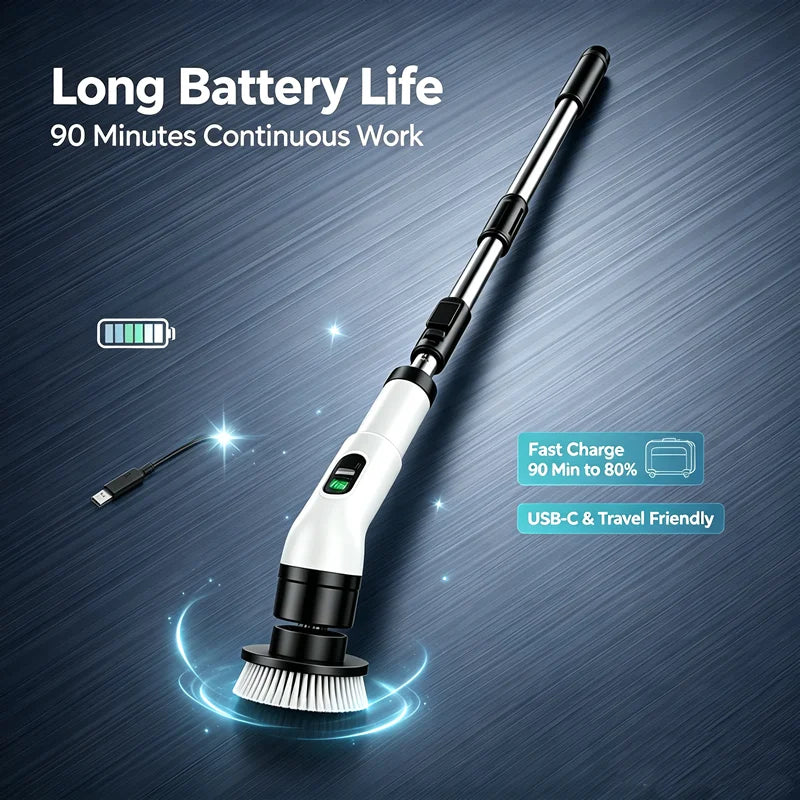 Electric spin scrubber with USB-C charging and long battery life for cleaning.