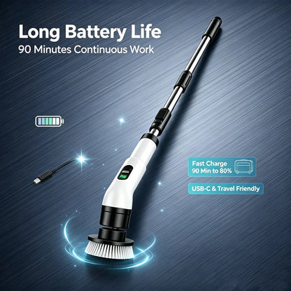 Electric spin scrubber with USB-C charging and long battery life for cleaning.