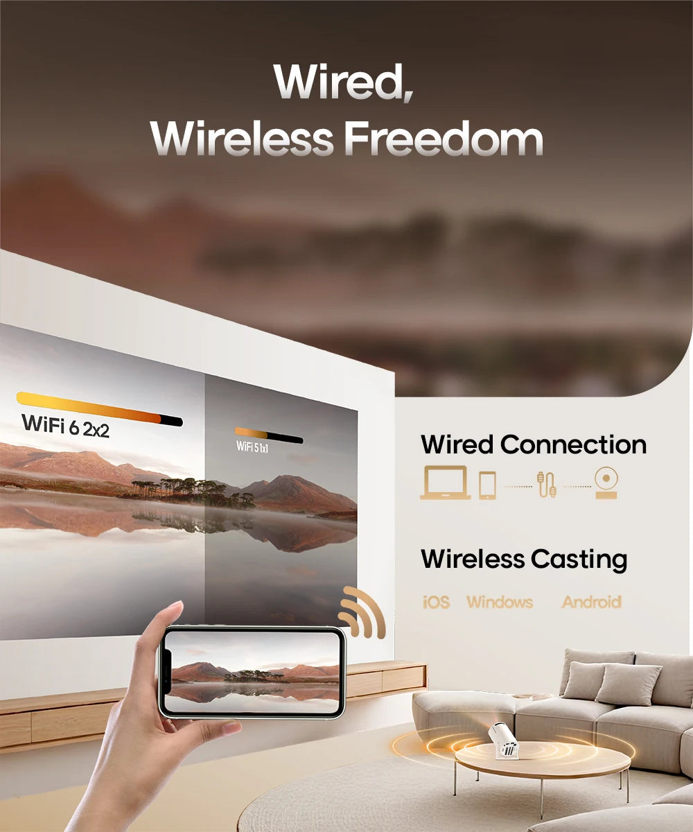 A smartphone demonstrating wireless screen casting to a large TV screen with wired connection options.
