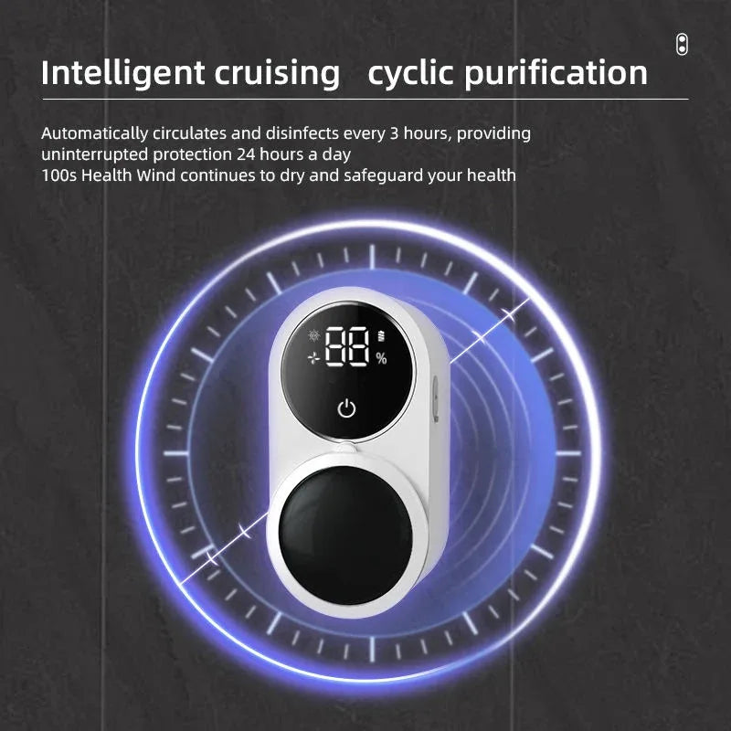 Intelligent air purifier with digital display and blue glowing circular light effects