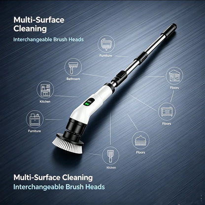 Electric spin scrubber for multi-surface cleaning with interchangeable brush heads.