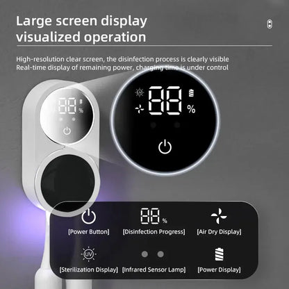 Close-up of a sterilization device featuring a digital display showing disinfection progress.