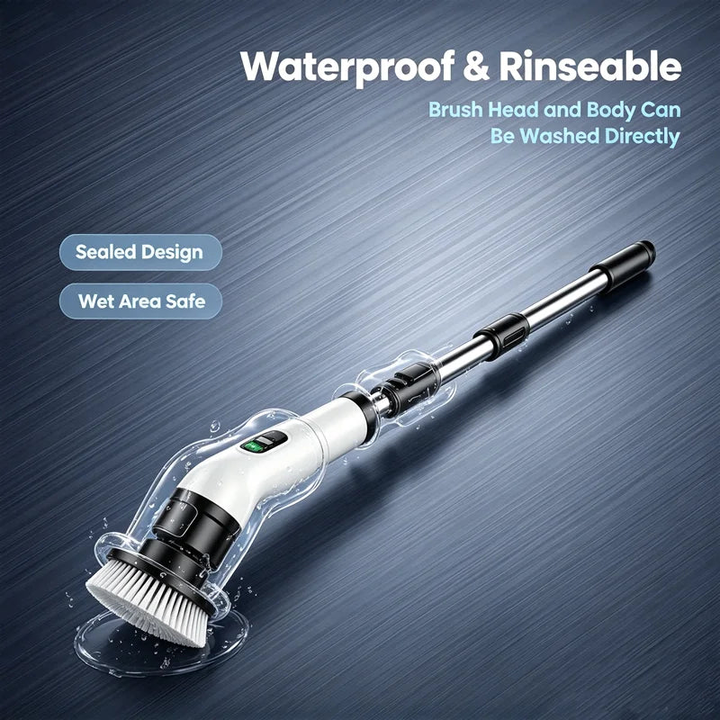 Waterproof electric spin scrubber with detachable handle and brush head being rinsed with water