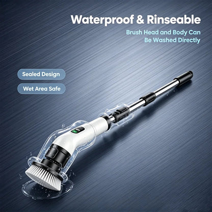 Waterproof electric spin scrubber with detachable handle and brush head being rinsed with water