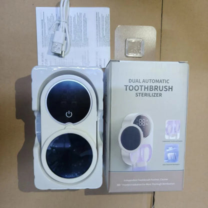 Dual automatic toothbrush sterilizer with power button and packaging box