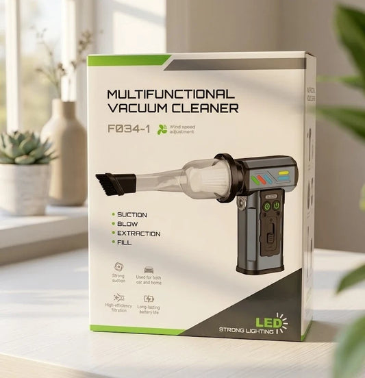 Packaging for a multifunctional vacuum cleaner with suction, blow, and extraction features.